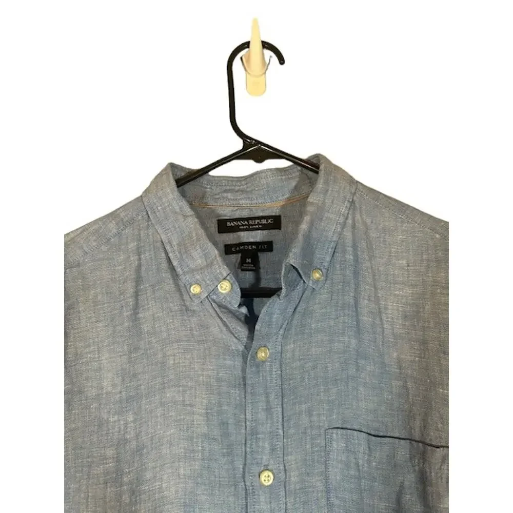 Banana Republic Camden Fit Blue Linen Button Front Shirt Long Sleeve Men Sz Med